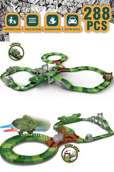 Kayyum Oyuncak Dinosaur Tracks 288 Pieces Dinosaur Themed Moving Rails Full Set with Dinosaur Cars