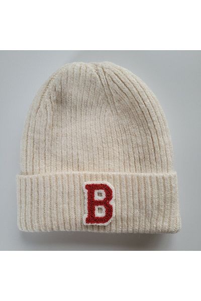initialess Mohair Folded Knitted Ecru Wool Beret with Letter B