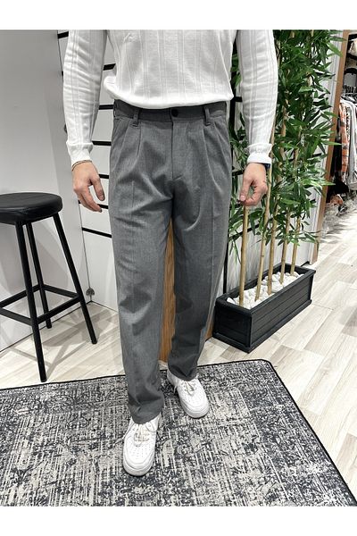 UTTBASİC Anthracite Pleated Baggy Fabric Trousers