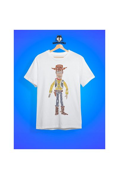 MarkaTurko Tricou alb pentru copii, unisex, din bumbac pieptănat, cu design special, imprimat Woody 706-B214