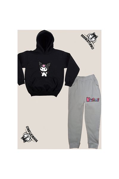 MarkaTurko Asi&cute Printed Unisex Special Design Βαμβακερό Μαύρο-γκρι Παιδικό Σετ Φόρμας 777-21