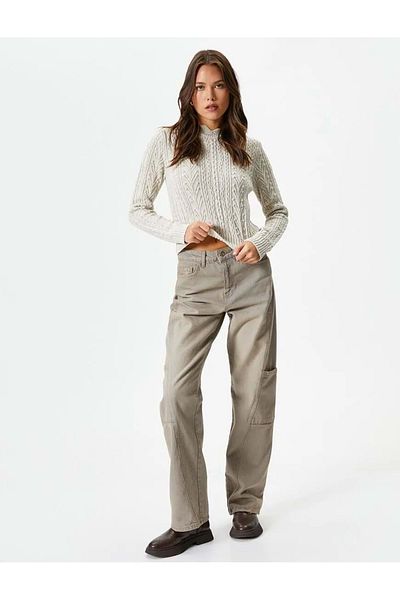 Koton Crew Neck Sweater Braided Patterned Slim Fit 4wak90558ht Ecru