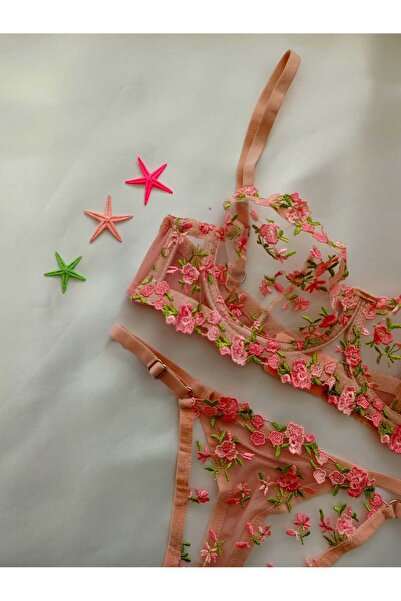 ARONA Γυναικείο Σετ σουτιέν με ροζ πράσινο φλοράλ κεντημένο τούλι - Αποστολή σε θήκη