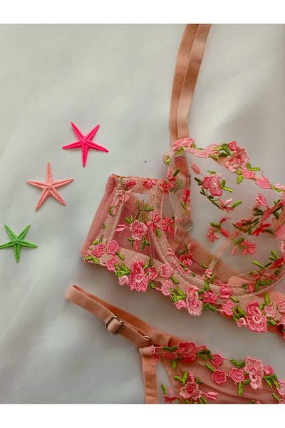 ARONA Set de sutien pentru damă din tul brodat cu broderie florală, verde, roz - Expediere în husă