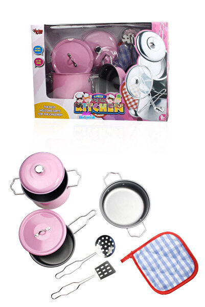 hediyecik Toy Metal Pot Pan Kitchen Utensils Set Pink 8 Pieces