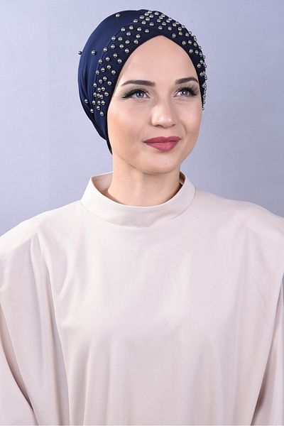 Melodi Scarf Women's Hijab Pearl and Stoned Pool Outer Bonnet Navy Blue