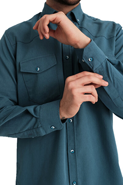 Varetta Cămașă din denim din țesătură gabardină pentru bărbați, turcoaz închis, cu buzunar dublu, model Lewis