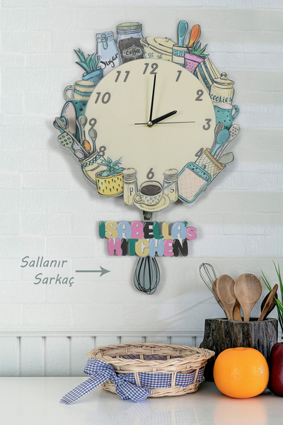 elfidadesign 3 Boyutlu Mutfak Gereçleri Temalı Sarkaçlı Ahşap Mutfak Duvar Sa...
