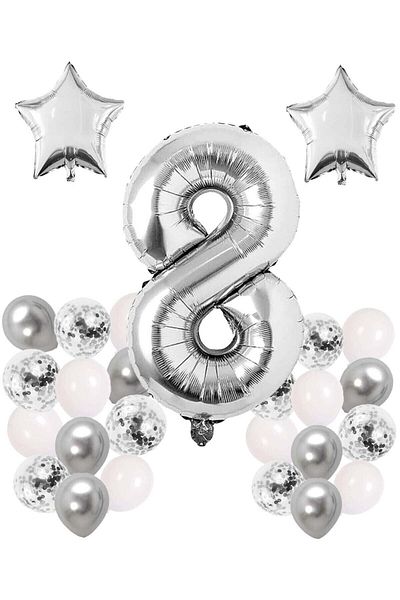 Bkmc Silver Concept Year Birthday Celebration Set White Silver Confetti Balloon Number Star Foil