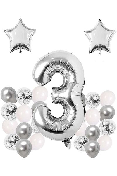 Bkmc Silver Concept Year Birthday Celebration Set White Silver Confetti Balloon Number Star Foil