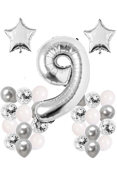 Bkmc Gümüş Konsept Yaş Doğum Günü Kutlama Seti Beyaz Gümüş Konfetili Balon Ra...