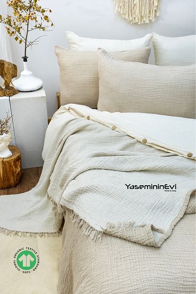 YASEMİNİNEVİ Double Mink Color 4 Layer Muslin Bedspread / 2 Pillowcases