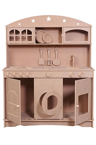 Buradadavar Hobi Ahşap Ahşap Büyük Boy Montessori Oyuncak Mutfak Servis Seti 2 Adet Boya Ve Fırça