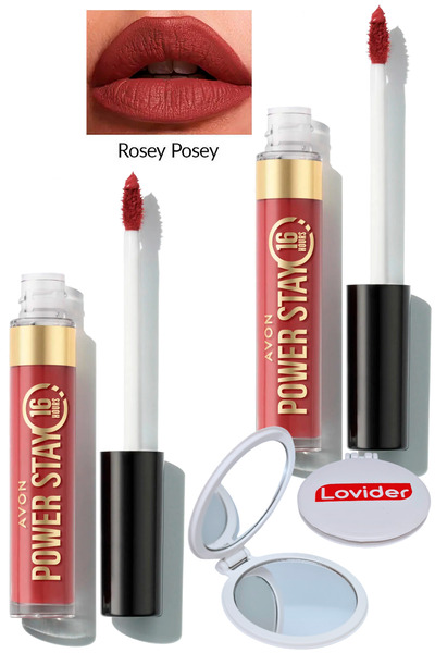 AVON Power Stay Likit Mat Ruj - Rosey Posey 2'li + Lovider Cep Aynası Hediye