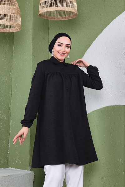 Giyim Gezegeni Women's Imported Linen Tunic Shirt with Gathered Front and Elastic Sleeves