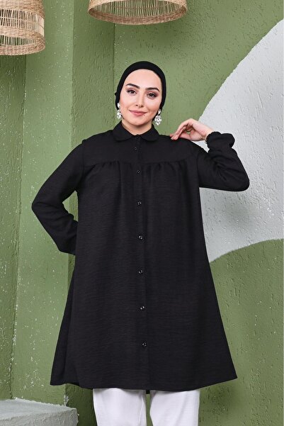 Giyim Gezegeni Women's Imported Linen Tunic Shirt with Gathered Front and Elastic Sleeves