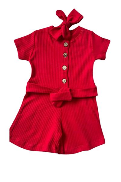 MBK GARDEN 1-2-3 Years Old Belted Summer Shorts Jumpsuit with Ribbon Accessories