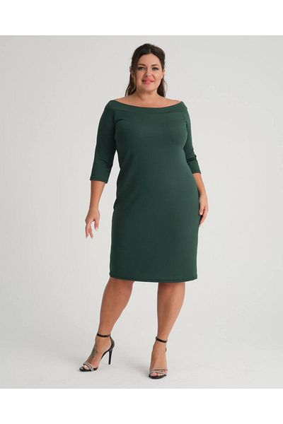 Butik Nilyam Γυναικείο μονόχρωμο φόρεμα από ύφασμα κρεπ λαιμό σκάφος 22008 πράσινο