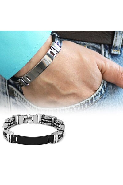 Happymodds Kişiye Özel Isim Yazılı Silver-black Renk Çelik Erkek Bileklik (MO...
