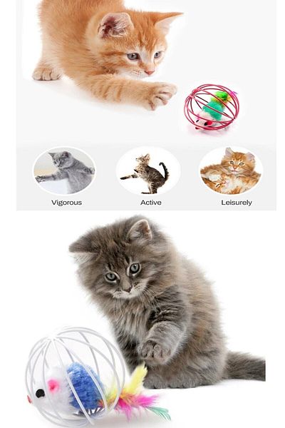 TİNEKE Cat and Dog Play Ball with Colorful Cage and Mouse 6 cm