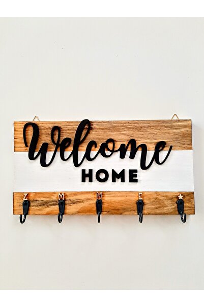 EL YAPIMI PSAcraft Masif Ahşap Welcome Home Yazılı Gold Harfli Anahtar Askısı...