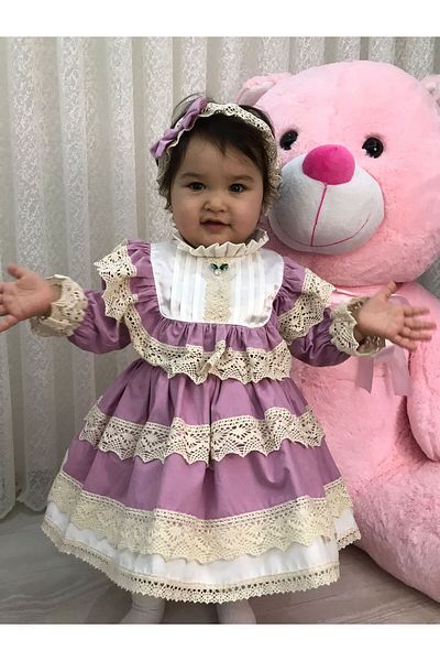 Sare Çocuk Giyim Λιλά Αντιαλλεργικό Βαμβακερό Ύφασμα Βρεφικό Φόρεμα Ειδικού Σχεδίου Max Lace Βραδινό Φόρεμα