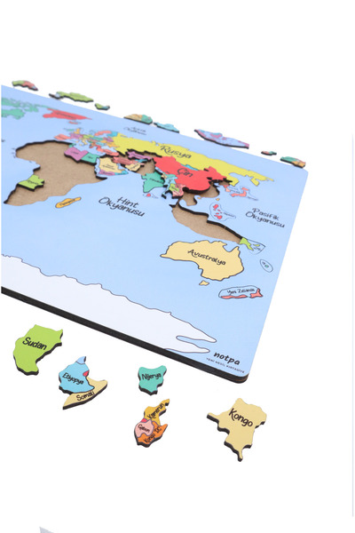 kutuTR Notpa Ahşap Renkli Dünya Haritası Puzzle 5 Yaş Ve Yetişkinler Için Yapboz 30x44 cm