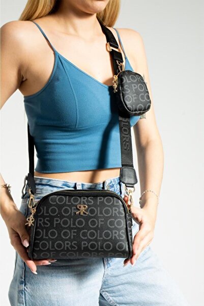 ImPolo حقيبة كتف وحقيبة كروس نسائية مطبوعة باللون الأسود من Adela - مقاس 15x21