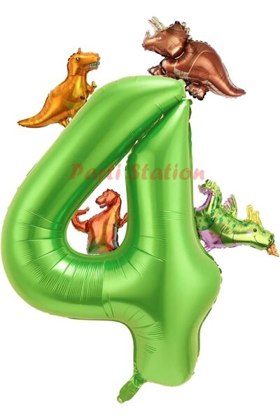 Parti Station Dinozor Konsept Yeşil Rakam 4 Yaş Balon Yeşil Renk Dinazor Yaş Balon Uçan Helyum Sayı Balon