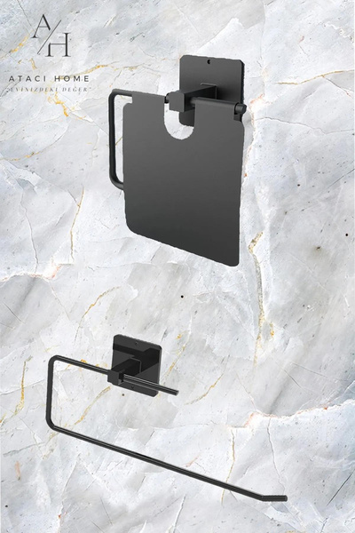 ATACI Yapışkanlı 2'li Set Siyah Kapaklı Tuvalet Kağıdı Tutacağı ve Siyah Rulo...