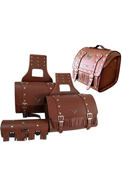 MOTOANL Motosiklet 4'lü Set Takım Deri Yan Heybe Sosis ve Arka Çanta Chopper Kahverengi Model Motor Çantası