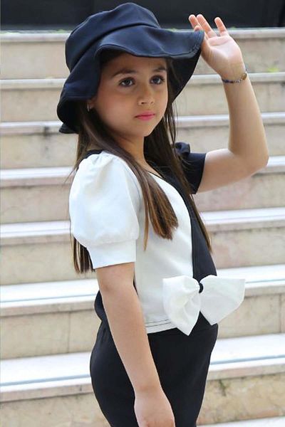 Riccotarz Girl's V-neck Balloon Sleeve Blouse and Spanish Leg Pants Black Bottom Top Set