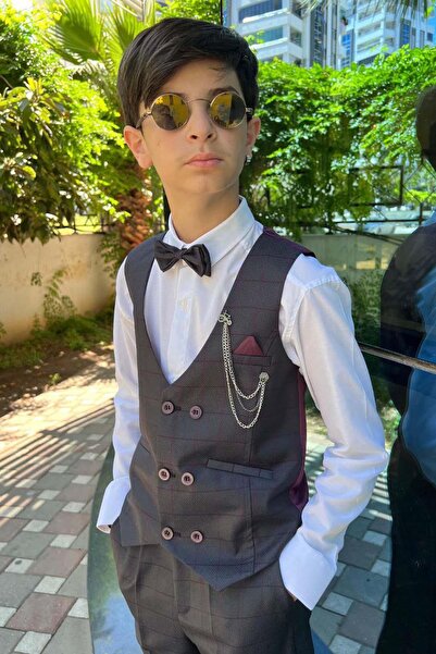 Riccotarz Boy's V-Neck Plaid Patterned Plum Suit