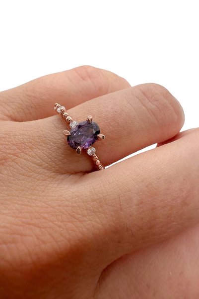 Natural Jewelleryy Kadın 925 Ayar Ametist Taşlı Rose Altın Kaplama Gümüş Yüzük