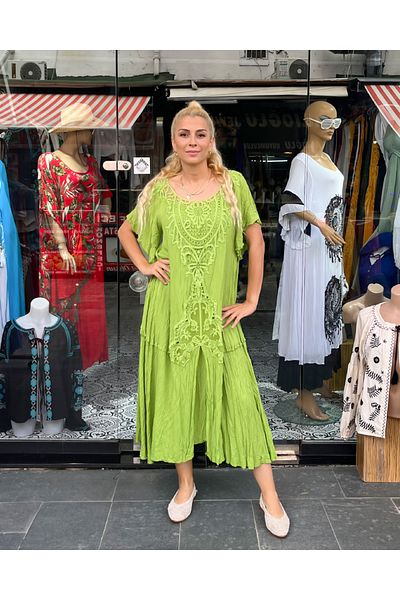 Sosyete Kaplumbağa Authentic Voile Cotton Guipure Detailed Short Sleeve Pistachio Green Maxi Dress