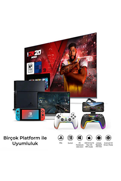 VOOKA PS4 Kol Kablosuz Gamepad Oyuncu Kol /Çift Titreşim/6 Eksenli RGB Mod/PS4/Switch/PC/Androd/İphone