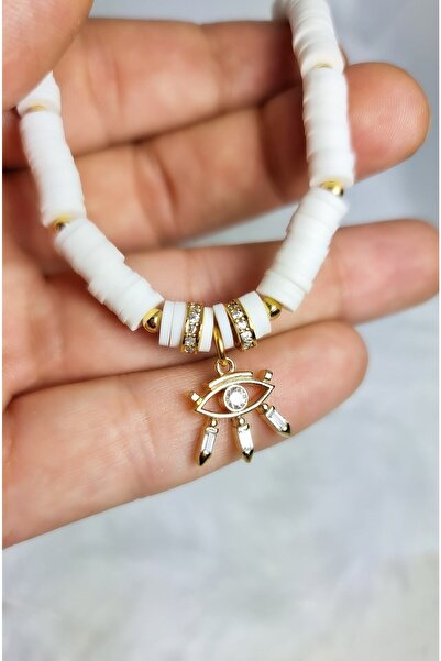WONDER TOUCH White Fimo Beaded Minimal Design Women's Eye Necklace - Summer Choker and Jewelled Gift Necklace, 6mm