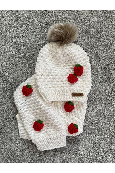 NEVALİN Strawberry Detailed Hand Knitted Children's Scarf Beanie Set