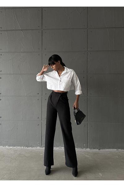 GALAVİP Women's Black Palazzo Atlas Trousers