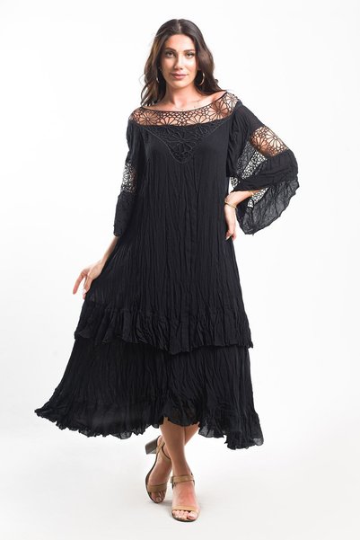 Sosyete Kaplumbağa Women's Black Authentic Voile Cotton Madonna Collar Bohemian Maxi Dress
