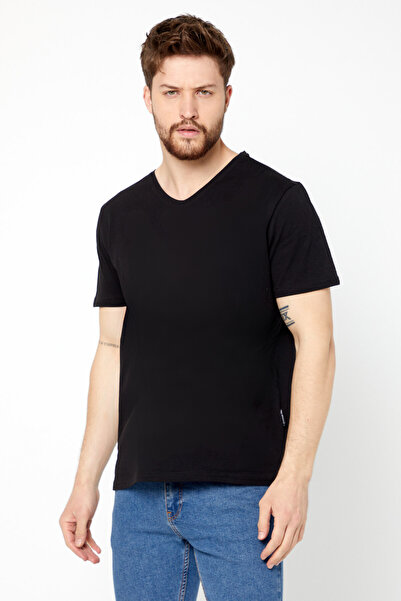 mmetalic Erkek Çok Renkli %100 Pamuk T- Shirt Regular Fit Rahat Kesim V Yaka 3'lü Basic Tişört Paketi