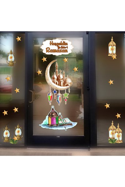 Aysprint Ramadan Bear Themed Door Glass Wall Display Ornaments Welcome Ramadan Sticker - Sticker Set