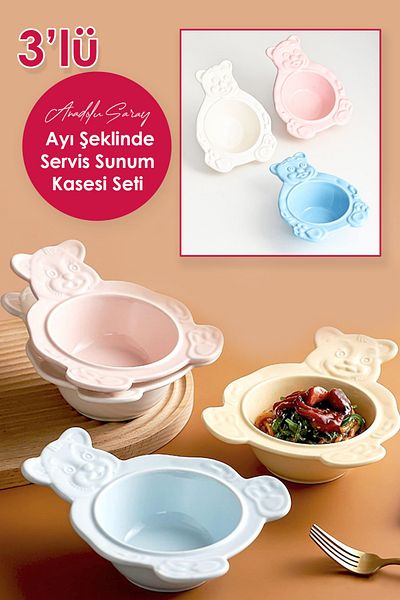 Anadolu Saray 3-Piece Bear Shaped Handmade Ceramic Serving Bowl Set Blue White Pink Bear Shaped Plate Bowl