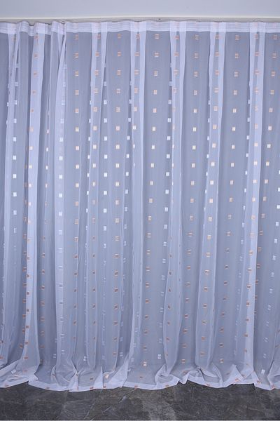 AKÇA TEKSTİL TERGAL ORANGE-WHITE CHECKED WHITE COLOR SINGLE WING Ready Planted Pleated Background Curtain 300*260 Cm