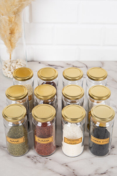 DNS HOME 12-Piece Glass Spice Jar Set with Gold Metal Lid Spice Storage Jar Set with Label Gift 244 ml