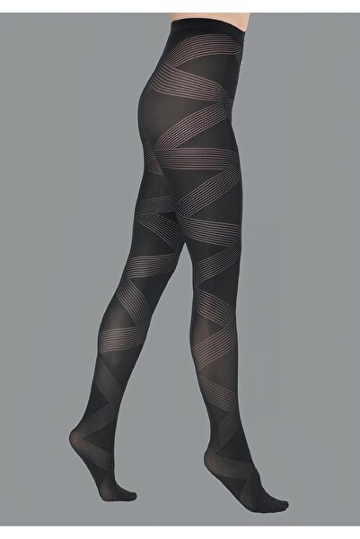 EvaRosabella 60 Denye Çapraz Çizgili Desenli Dikişsiz Likralı Siyah Külotlu Ç...
