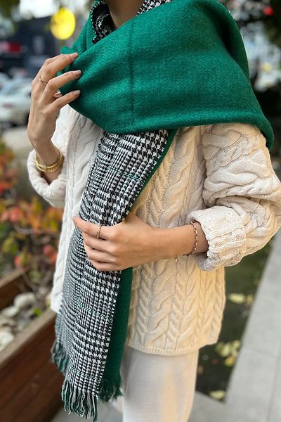 Wearflawless Şal de eşarfă cu două feţe din lână cu model în carouri