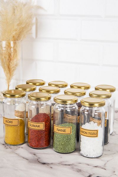DNS HOME 12-Piece Glass Spice Jar Set with Gold Metal Lid Spice Storage Jar Set with Label Gift 244 ml