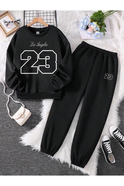 AEMİ Unisex crna 23 Los Anđeles Štampano okrugla kragna Oversize kroj donji i...