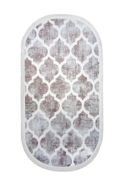 Dijidekor Dekoratif Dijital Saçaklı Oval Kesme Halı Yolluk Antialaerjik Maça Bej
